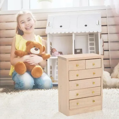 Produktbild von Puppenhaus-Kleiderschrank, Miniatur-Puppenhaus aus Holz, Möbelmodell, Wohndekoration in Holzfarbe