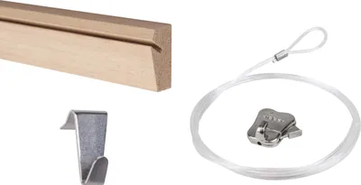 Immagine prodotto di Binario per quadri in legno STAS - sistemi per appendere quadri / cornici per foto / poster - binari per appendere - Riva 120 cm + ganci Riva + corda Perlon con occhielli 150 cm + ganci per quadri Zipper (set completo)
