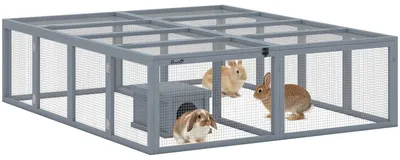 Productafbeelding van Houten konijnenhok met 2 deuren, onderdak voor 2-4 dwergkonijnen, 180,4 x 150 x 48 cm, grijs