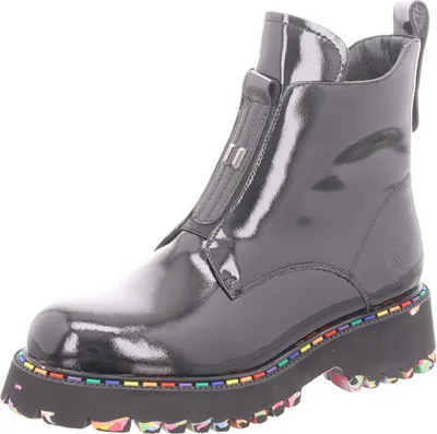 A black patent leather boot with a front zipper and a colorful sole.