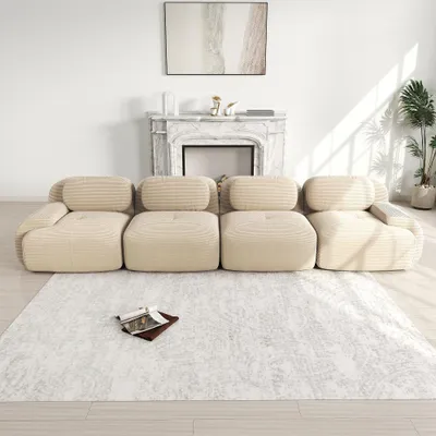 Immagine prodotto di Divano a 4 posti rivestito in morbido tessuto corduroy, divano angolare modulare senza struttura, dimensioni 388x103x70 cm, colore beige. Divano da assemblare, imbottitura ad alta elasticità