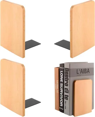 Produktbild von PolkaHome® 4er Set Holz Buchstützen, Antirutsch Buchständer für Bücherregal, Büro, Bibliothek, Buche