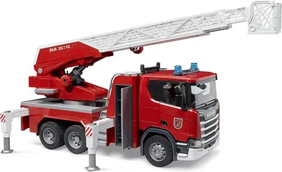 A toy fire truck with a ladder extended, shown from a side-angle.