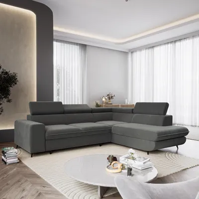 Produktbild von Masseno Ecksofa VELISS mit Schlaffunktion L-Form, Sofa mit Bettkasten, Wohnzimmersofa, Couch, Soffa, Bettsofa, Couchgarnitur- Grau, CASTEL 93