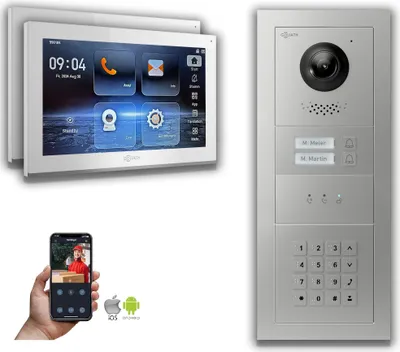 Produktbild von Goliath IP Video Türsprechanlage: 10-Zoll 2 Familienhaus, Zahlencode, Anzeige, Silber : Aufputzdose : 10 Zoll in Weiß : 4er POE Anschluss über:: 4er POE Monitor Auswahl: 10 Zoll in Weiß Türklingel Montagedose: Aufputzdose