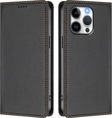 Image de Etui en cuir pour iPhone 13 Pro, étui magnétique en cuirPolyuréthaneavec support Noir