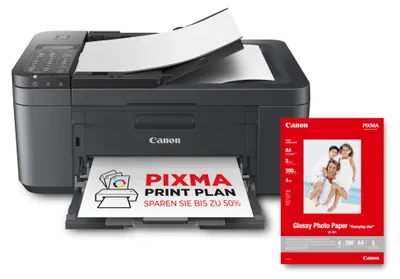 Immagine prodotto di Stampante multifunzione Canon PIXMA TR4755i 4in1 (getto d'inchiostro, stampa, copia, scansione, fax, A4, ADF da 20 fogli, compatibile con Pixma Print Plan) nera - Include carta fotografica GP-501 A4, 5 fogli