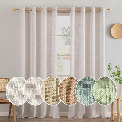Immagine prodotto di Tende in lino trasparenti con passanti - Design moderno per due porte finestre di balcone - Ideali per soggiorno o camera da letto