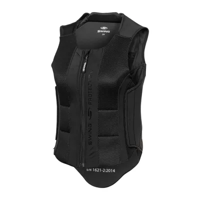 A black protective vest for children, shown on a white background.