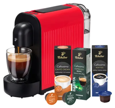 Produktbild von Tchibo Cafissimo NOW Kaffeemaschine Kapselmaschine inkl. 30 Kapseln für Caffè Crema, Espresso und Kaffee | 0,67 l | 1250 Watt | 11,4 x  33,7 x 23,5 cm | Rot