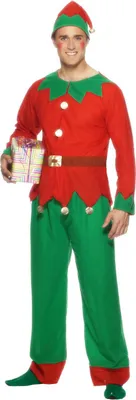 A man in an elf costume holding a gift.
