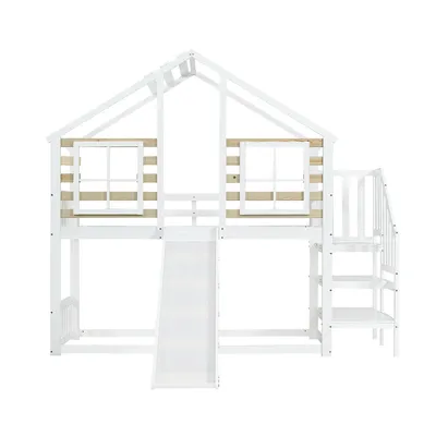 Produktbild von Kinderbett mit Treppe Rutsche und Fenster Blockhaus Etagenbett Jugendbett 90x200cm Weiß