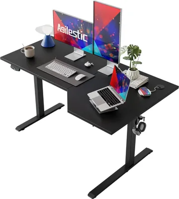 Zdjęcie produktu dla Elektryczne biurko stojące w kształcie litery L z regulacją wysokości 140 cm, ergonomiczne biurko do siedzenia i stania, czarne