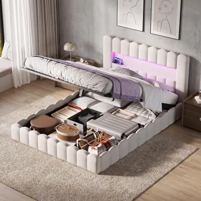 Produktbild von INONEFT Polsterbett 160x200cm mit Bettkasten, Doppelbett Boxspringbett mit LED und USB, Jugendbett Funktionsbett mit Lattenrost, Leinen, Beige