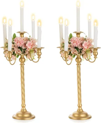 Image de Bougeoir, bougeoir doré : 53 cm, lot de 2, bougeoirs sur pied pour centre de table
