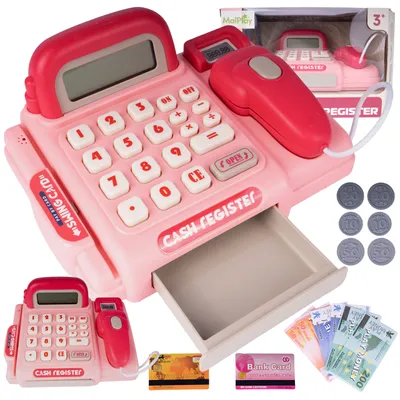 Produktbild von Malplay Registrierkasse Fiskalscanner Schallrechner Banknoten Münzen Rosa Spielzeug für Kinder ab 3 Jahren