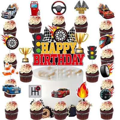 Rennwagen-Tortendeko-Set, 17-teilig, Cupcake-Topper, Geburtstag