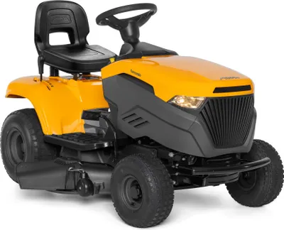 A yellow and gray riding lawn mower is shown from a front-diagonal angle against a white background.