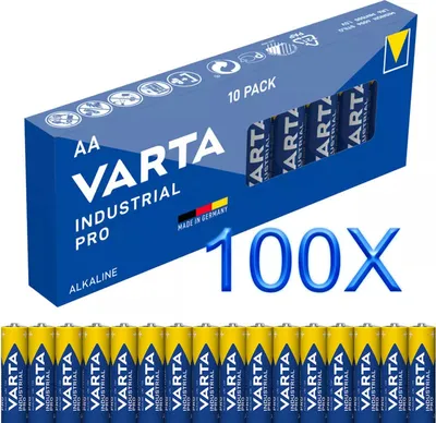 A box of VARTA Industrial AA batteries with a large '100X' overlay.