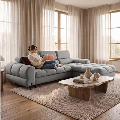 Produktbild von MUFFO Ecksofa UFFO L Rechts mit Schlaffunktion 260x195 Velours Hellgrau