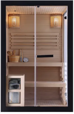 Interior of a modern sauna with wooden benches and glass doors.