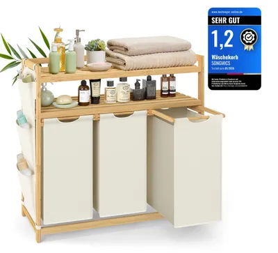 Immagine prodotto di SONGMICS Cesto per biancheria con 3 scomparti, in bambù, capacità 150 litri, con ripiano – Bianco crema, dimensioni 150 litri (2 ripiani + 3 scomparti)