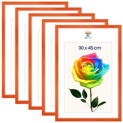 Produktbild von MG Design 5er Set Bilderrahmen Orange 30x45 cm - Posterrahmen Echtholz mit Acrylglas, stabile Wandaufhängung, hoch/quer
