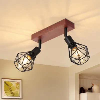 Image de ZMH Spot de plafond noir à 2 flammes, E14, style vintage, orientable à 350°, métal et bois, spot mural d'angle pour salon, couloir et chambre