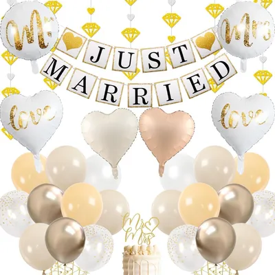 Zdjęcie produktu dla Zestaw dekoracji ślubnych, 41 elementów: girlanda "Just Married", balony "Mr & Mrs", dekoracja na tort, kolor biały i złoty