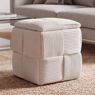 Obrázok produktu pre Taburetka HWC-Q47, taburetka, otomana, čalúnená taburetka, pouf, s odkladacím priestorom pod sedadlom, látka z manšestru (260 g/m²), 43 x 40 x 40 cm ~ krémová