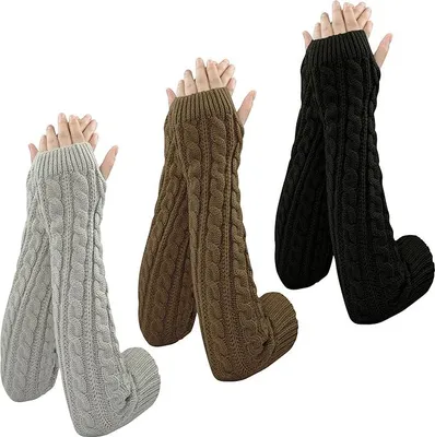 Produktbild von 3 Paar Armstulpen Damen Wolle Pulswärmer Strick Halb Fingerlose Handschuhe Gestrickte Handstulpen Uni Winterhandschuhe Damenhandschuhe handschuhe Winter Armwärmer