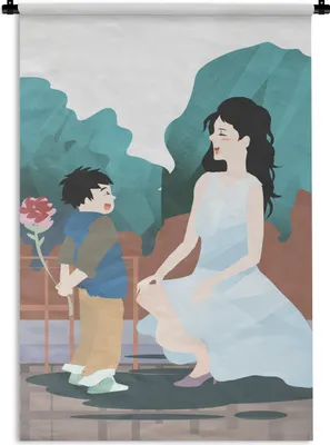 Produktbild von MuchoWow® Wandteppich Wandbehang Muttertag Illustration Sohn mit einer Blume 90x135 cm Tapisserie Dekoration Wandtuch - Baumwolle - Wandskulptur