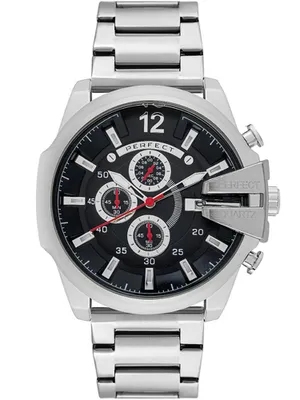Zdjęcie produktu dla Męski zegarek PERFECT M513CH-03 Chronograph Black Silver - zegarek kwarcowy z datownikiem, bransoleta ze stali nierdzewnej, szkło mineralne, 53 mm, pudełko w zestawie