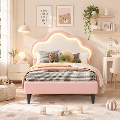 Produktbild von Kinderbett 90x200 Mädchen Bett mit LED Beleuchtung, Polsterbett Prinzessinnenbett mit Wolken-Design und verstellbarem Kopfteil, Jugendbett Einzelbett