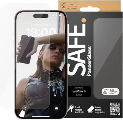 Obrázek produktu pro PanzerGlass SAFE. by ® Screen Protector iPhone 15 | Ultra-Wide Fit, Apple, Apple - iPhone 15, Aplikace nasucho, Odolné proti poškrábání, Odolný proti nárazům, Průhledná, 1 kusů