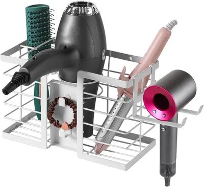 Obrázek produktu pro Nástěnný držák bez vrtání pro fén a žehličku na vlasy, pro hotely, salony, kadeřnictví, bílý