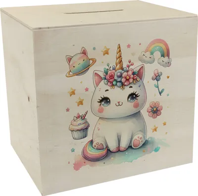 Produktbild von Einhorn-Katze Aquarell Spardose aus Holz
