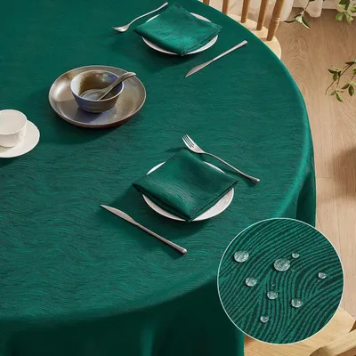 Produktbild von Tischdecke Rund 160 cm Dunkelgrün Jacquard-Wellenmuster Wasserabweisend Abwaschbar