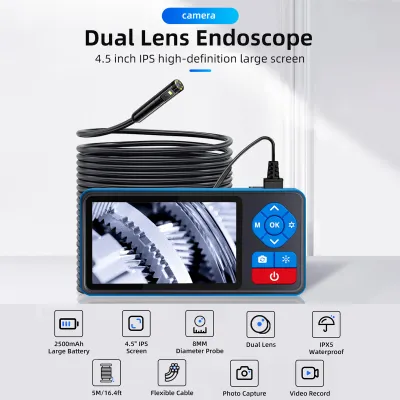 Zdjęcie produktu dla Dwuobiektywowa kamera endoskopowa ze światłem Borescope 720P z 4,5-calowym ekranem IPS 16,4 stopy elastycznego kabla sondy Wodoodporność IPX5 4-poziomowa regulacja jasności do konserwacji maszyn / naprawy rur / monitorowania / inspekcji elektrowni / inspekcji turbin