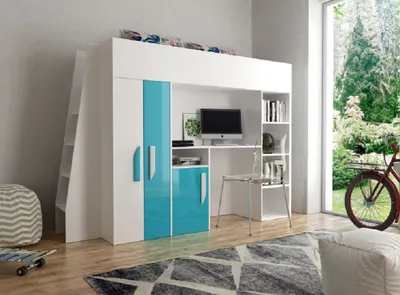Produktbild von Hochbett Etagenbett mit Schreibtisch Schrank Regal und Treppe 90x200 PARIS 5 hochglanz weiß-türkis