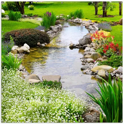 Produktbild von Wallario XXL Outdoor-Poster für Garten oder Balkon, Motiv Blumen am Teich, in ca. 200 x 200 cm
