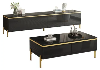 Immagine prodotto di Set per soggiorno Moonbite, composto da mobile TV e tavolino, secondo set in finitura lucida con cassetti, stile retrò  dettagli dorati, pannello di particelle di legno, colore nero