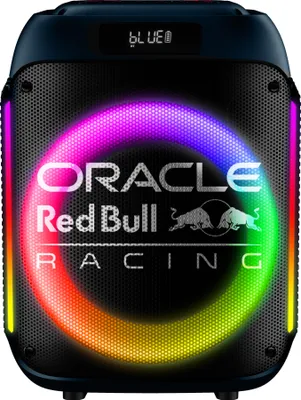 A Red Bull Racing branded party speaker with colorful LED lights.