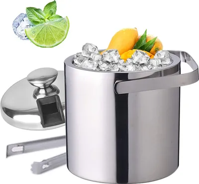 Zdjęcie produktu dla Pojemnik na kostki lodu 1,3 l, stal nierdzewna, srebrne wiadro na lód z pokrywką, szczypce do lodu