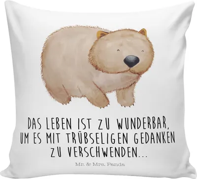 Produktbild von Mr. & Mrs. Panda Dekokissen Wombat - Weiß - Geschenk, Kuschelkissen, kissen 40 x 40, 40x40, Motivation, Zierkissen, Spruch, Sofa, Sofakissen, Das Leben Ist schön