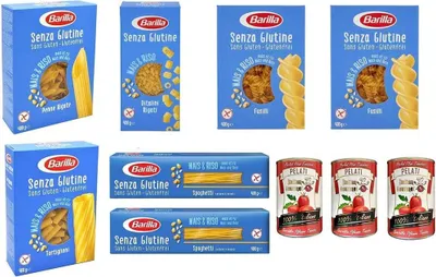 Produktbild von TESTPAKET Barilla senza Glutine Glutenfrei pasta nudeln 1 x 300g und 6 x 400G + Italian Gourmet 100% italienische geschälte Tomaten dosen 3x 400g