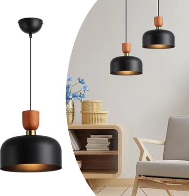Image de Suspension nordique moderne 30 cm - Métal noir avec effet bois, hauteur réglable, douille E27, cuisine ou salle à manger