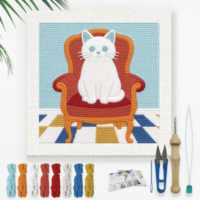 Image de Kit de broderie au poinçon "Chat sur une chaise", 24x24 cm, pour débutants. Inclut : matériel pour la broderie, fil, aiguille et enfile-aiguille. Idéal pour les projets de bricolage
