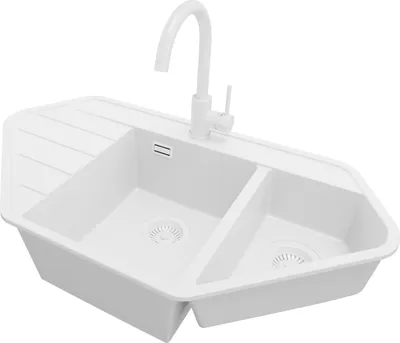 Produktbild von PRIMAGRAN Granitspüle Alles Weiß 90x50cm, Eckspüle 1,5 Becken + Küchenarmatur 32x20cm + Ablauf-Set, Küchenspüle ab 80er Unterschrank - Kopenhagen Corner