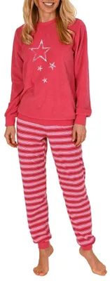 Produktbild von Normann Damen Frottee langarm Schlafanzug Pyjama in Streifenoptik - auch in Übergrössen ; pink , 40